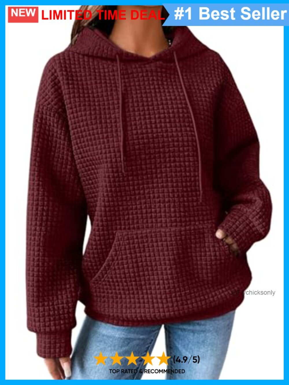 Waffle Knit Hoodie Pullover Oversized Sweatshirt Long Sleeve Pocket